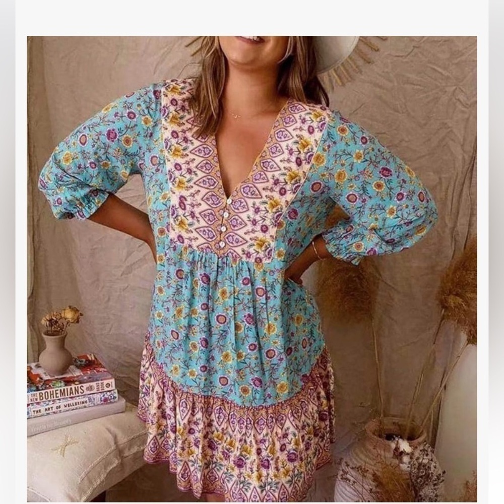 R. Vivemos turquoise yellow w four buttons size large tunic style flowy top